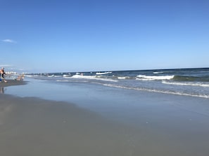 Uma praia com pessoas nadando e caminhando pela orla.