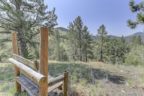 Situated in a serene natural setting, this bench invites relaxation amidst rolling hills and dense coniferous trees.