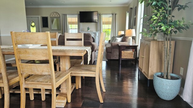 A dining area with wooden chairs and a table, a sofa, a television, and a potted plant.