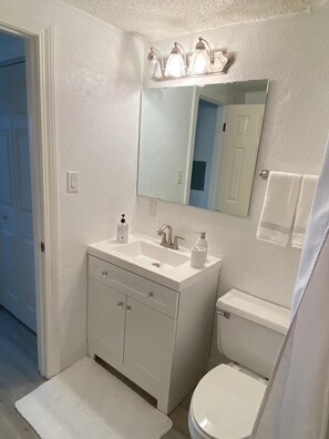 Ensemble douche/baignoire, serviettes fournies, papier toilette