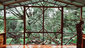 Una terraza de madera con estructura metálica y paneles de vidrio, con vistas a un bosque frondoso.