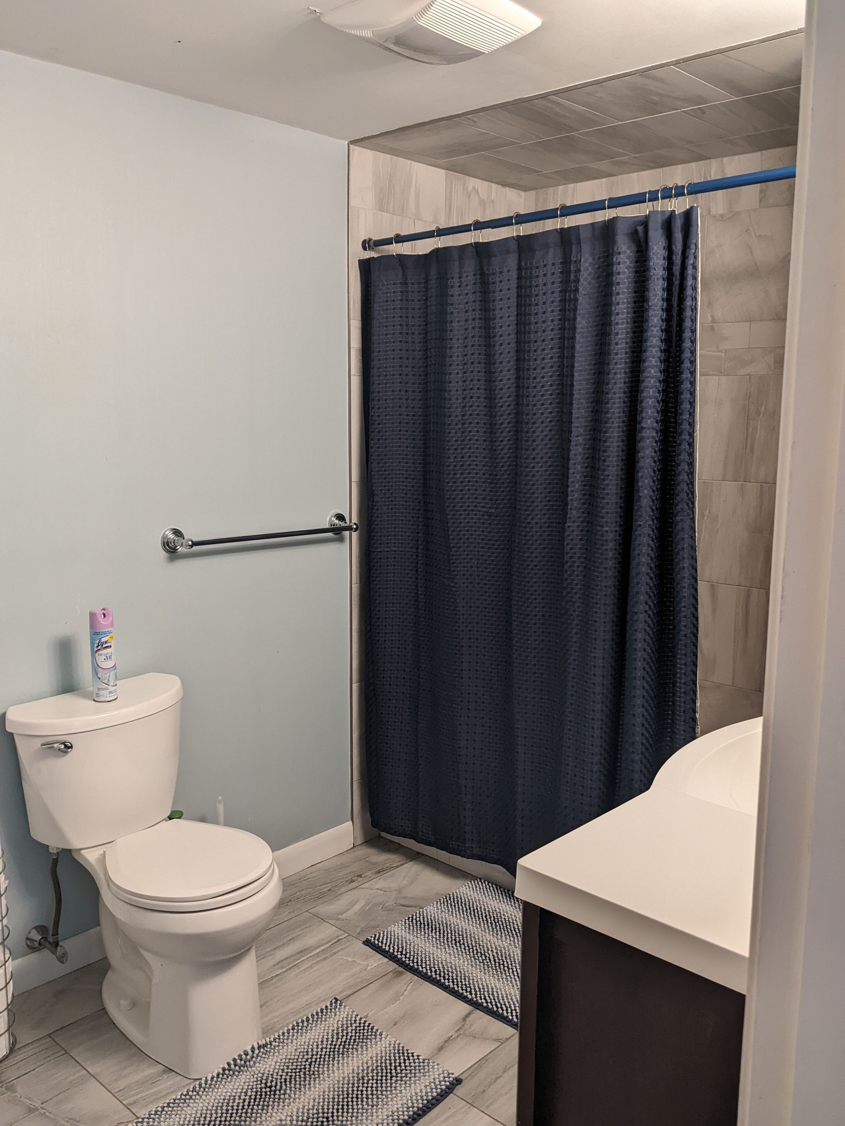 A bathroom with a toilet, a shower curtain, and a sink.