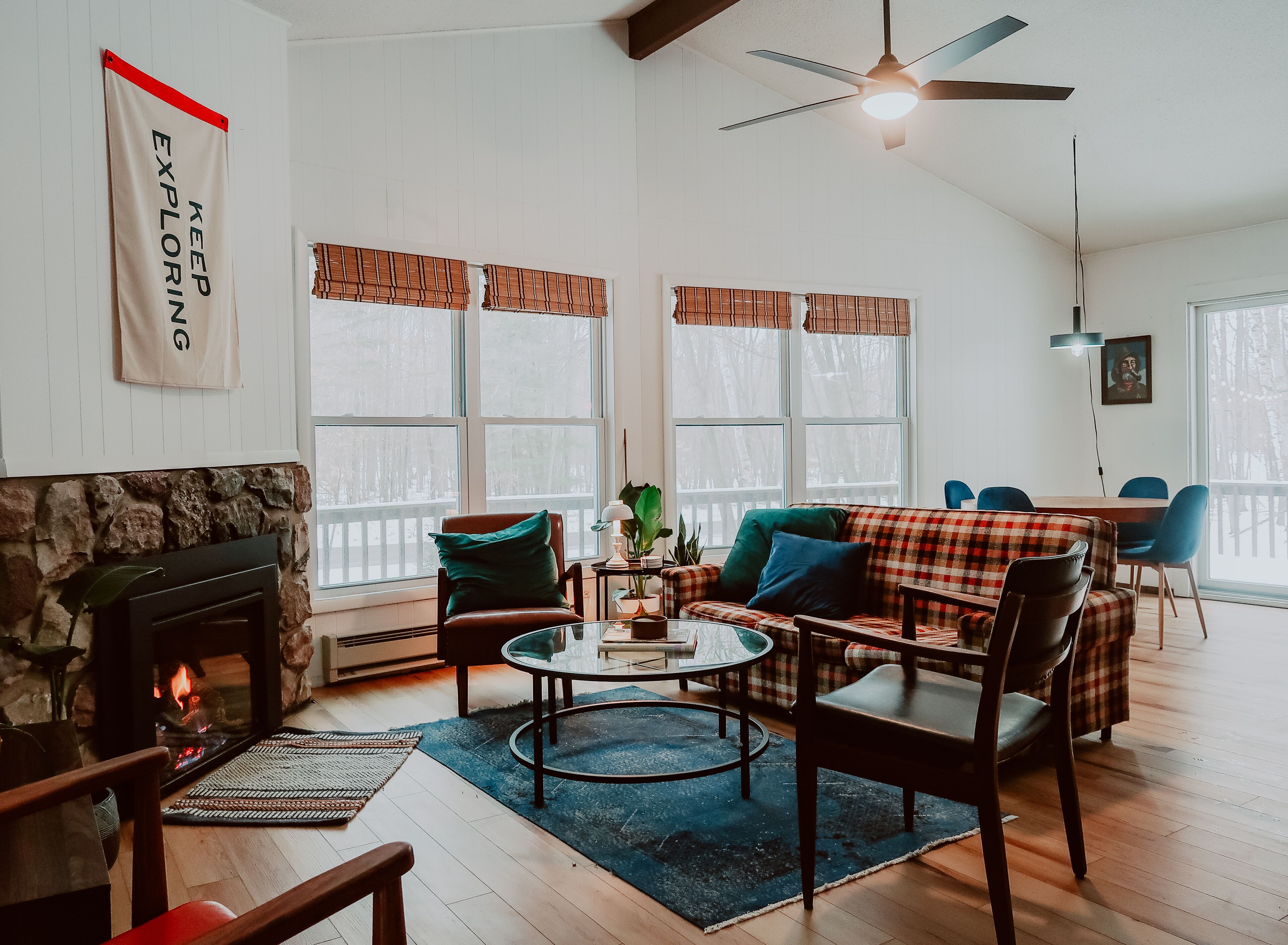 Smart TV, fireplace, books, stereo