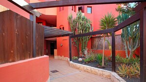 Un patio con valla de madera, cactus y un edificio rojo.