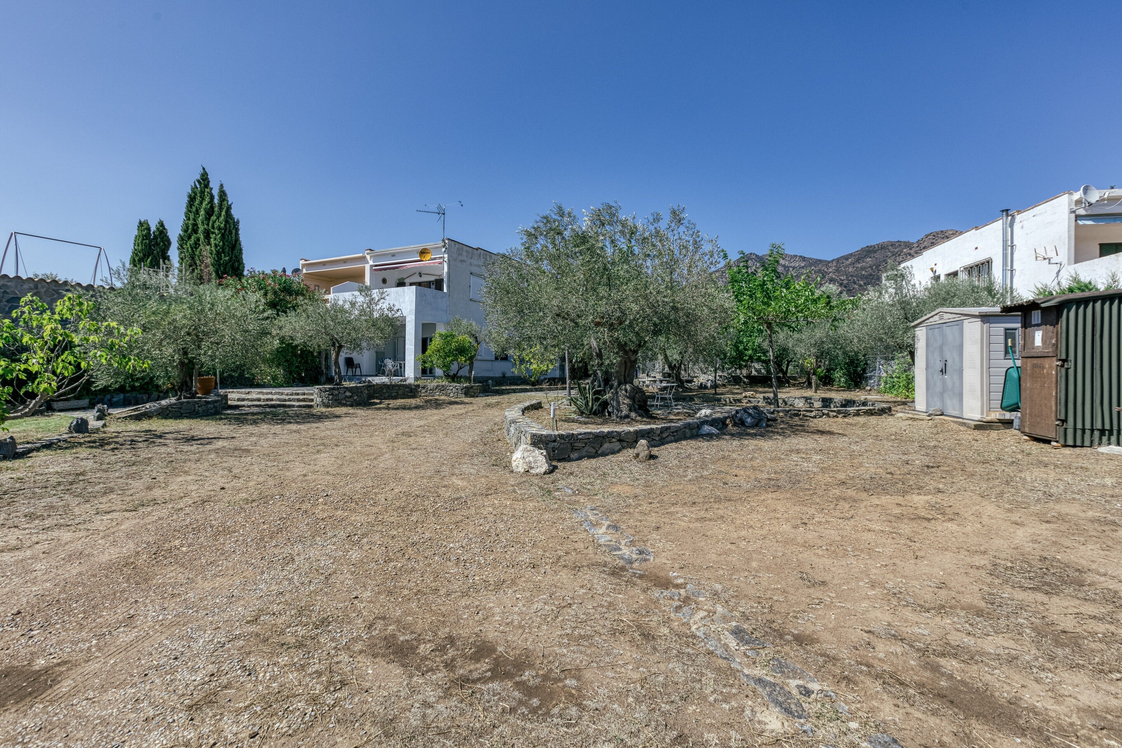 A residential area with a dirt ground, olive trees, and a white building with a balcony.