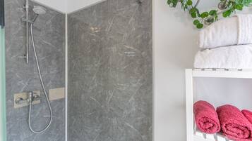 Shower, hair dryer, towels