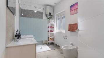 Shower, hair dryer, towels