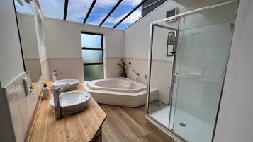 Combined shower/bathtub, hair dryer, towels, soap