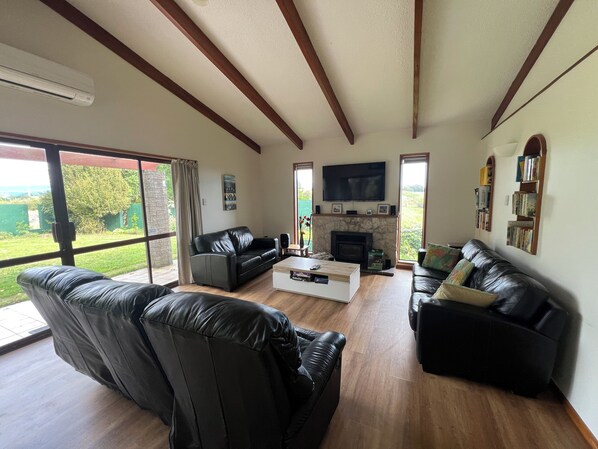 Smart TV, fireplace, video games, DVD player