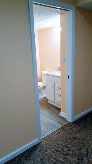 Shower, towels, soap, toilet paper