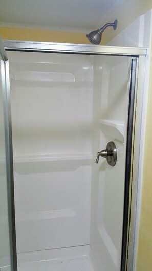 Shower, towels, soap, toilet paper