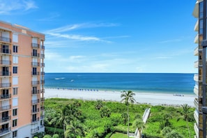 A high-rise hotel overlooking a beach with a clear view of the ocean and a sandy shoreline. - Beachfront Condo Building | Pool, Tennis & Views (Marco Island)