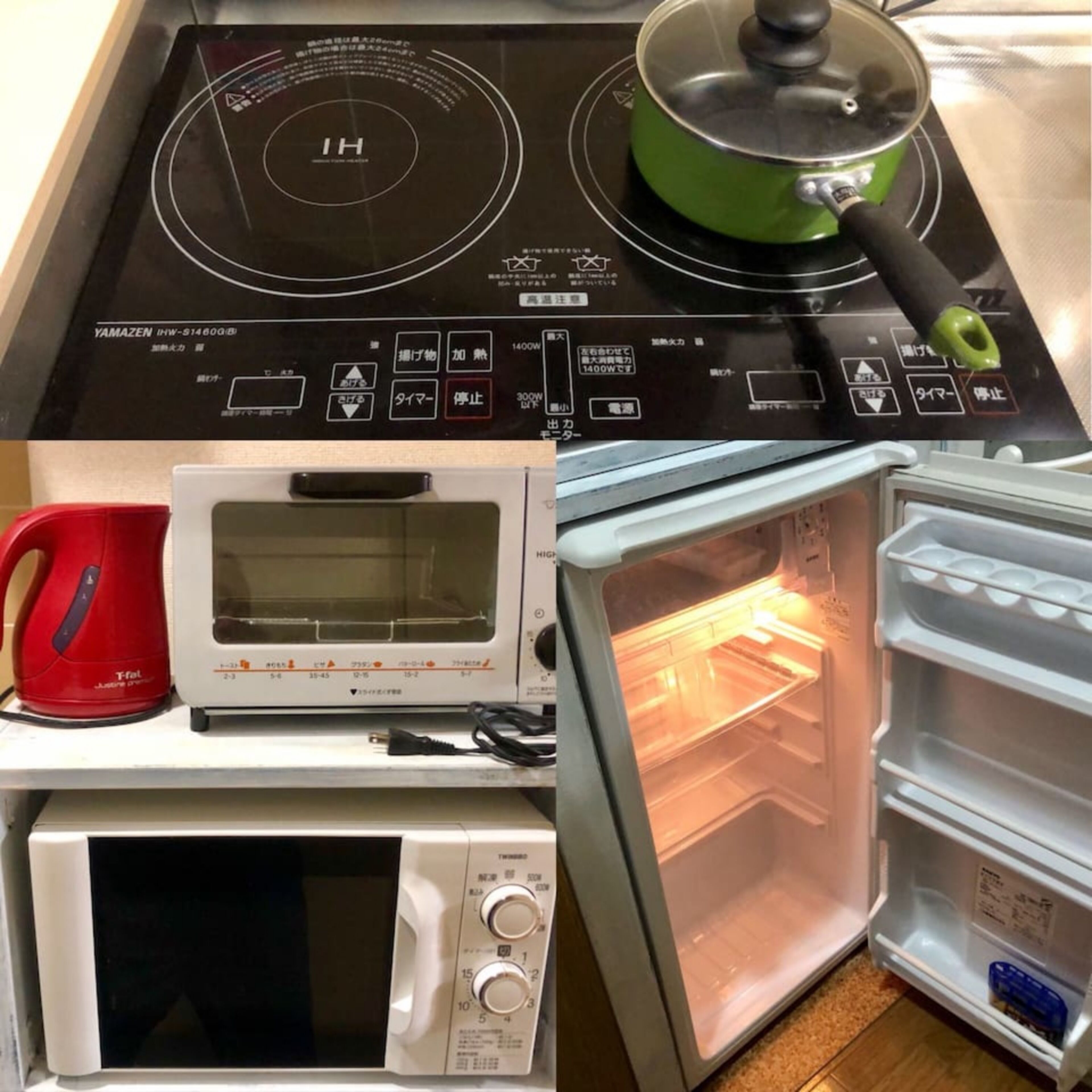 A kitchen with a stove, microwave, and oven.