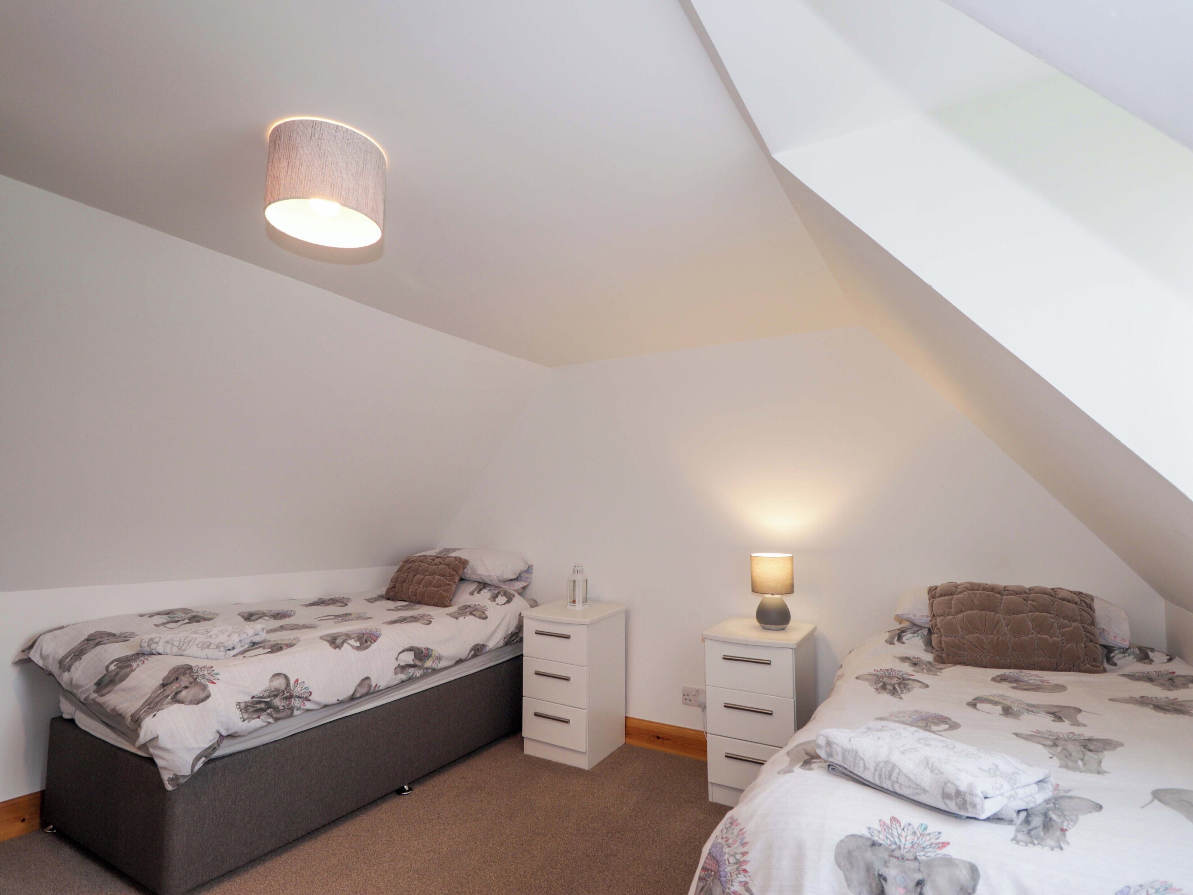 A bedroom with two beds, a bedside table with a lamp, and a ceiling light fixture.