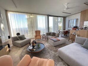 Smart TV, lareira, DVD player, biblioteca musical