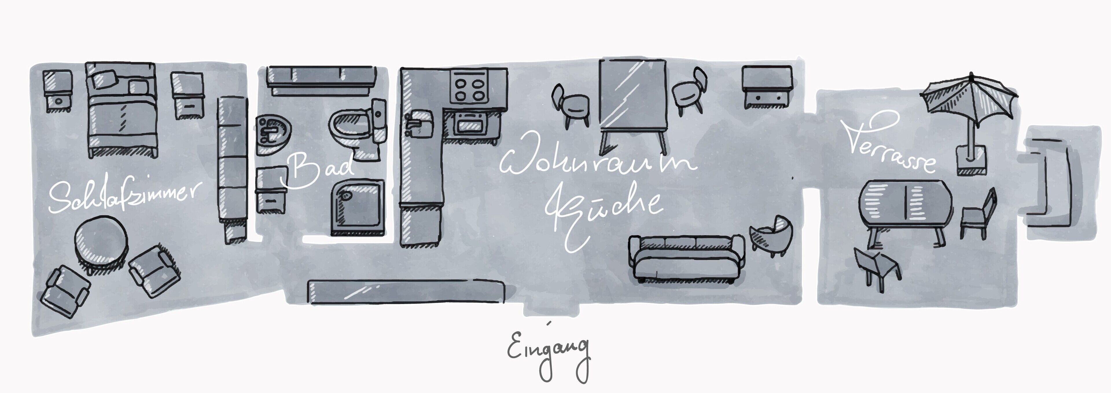 A sketch of a hotel room layout with labeled areas: 'Schlafzimmer' (bedroom), 'Bad' (bathroom), 'Wokraum' (kitchen), and 'Eingang' (entrance).