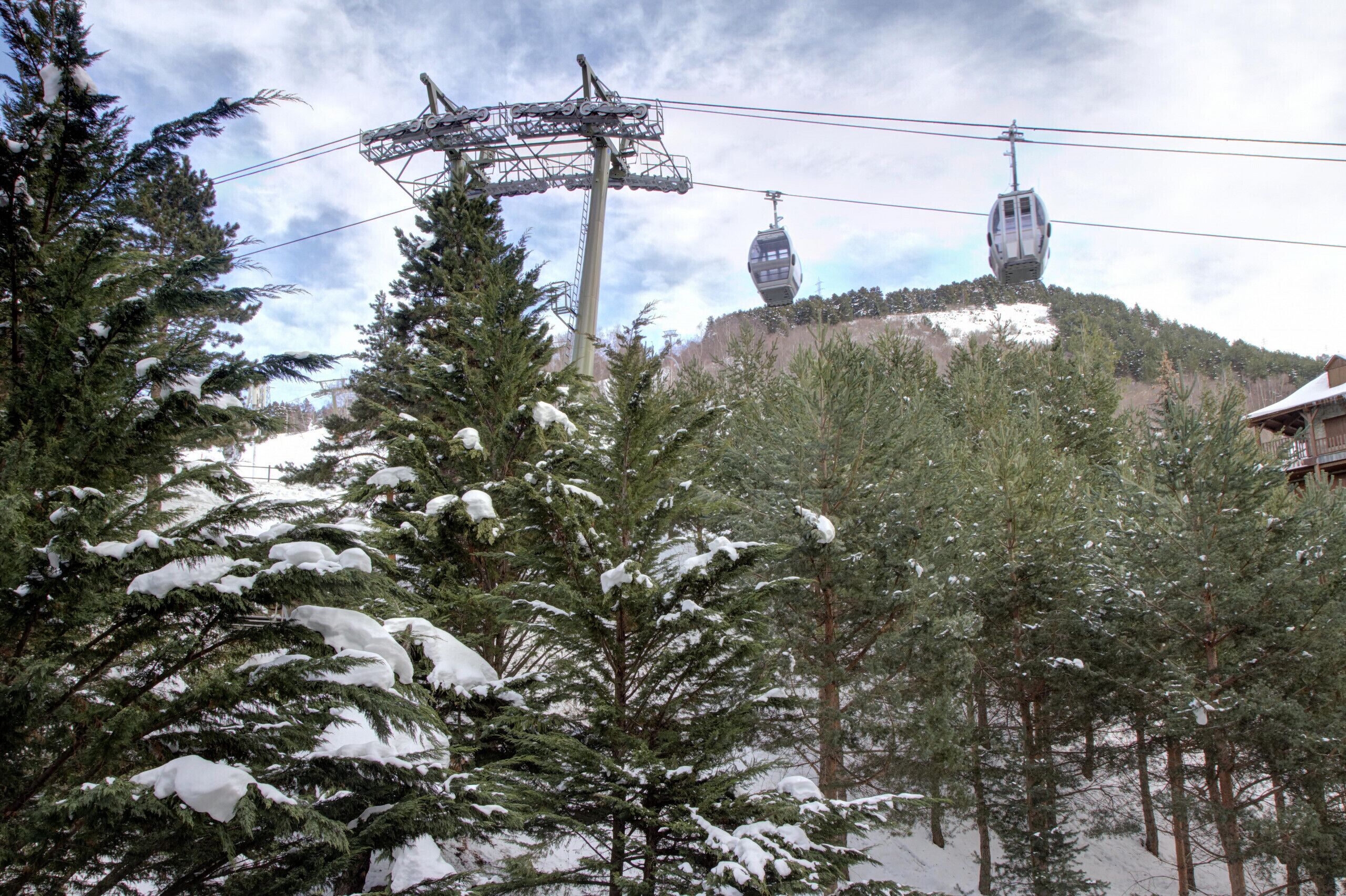 A ski lift with cabins, surrounded by snow-covered trees and a mountainous backdrop.