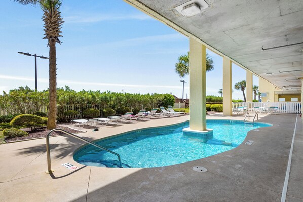 A swimming pool with a pool ladder, surrounded by lounge chairs and palm trees.