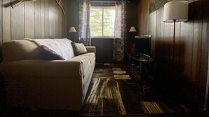 Et hyggeligt rum med sofa, fjernsyn og lampe.