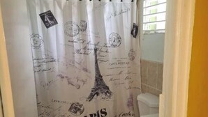 Une salle de bain avec un rideau de douche orné de motifs évoquant Paris, des toilettes et un petit tapis.