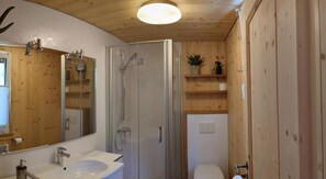 Douche, séchoir à cheveux, serviettes fournies