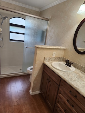 Combined shower/tub, towels, toilet paper - Palm Coast cottage, 3 bedroom 2 bath house w/office,city golf courses and beach. (Palm Coast)