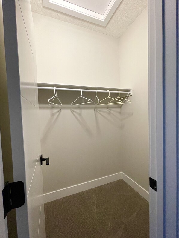 A corner of a room with a built-in closet, a door handle, and a light fixture on the ceiling.