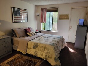 A bedroom with a bed, a nightstand, a lamp, a window with curtains, a door, and a television on a cabinet.