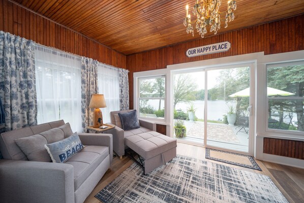 Smart TV, fireplace, books, video library