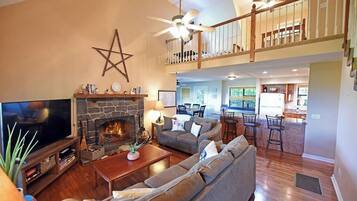 Smart TV, fireplace, books, video library