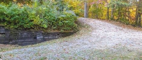 A gravel path leading through a wooded area with dense foliage and a stone wall on one side.