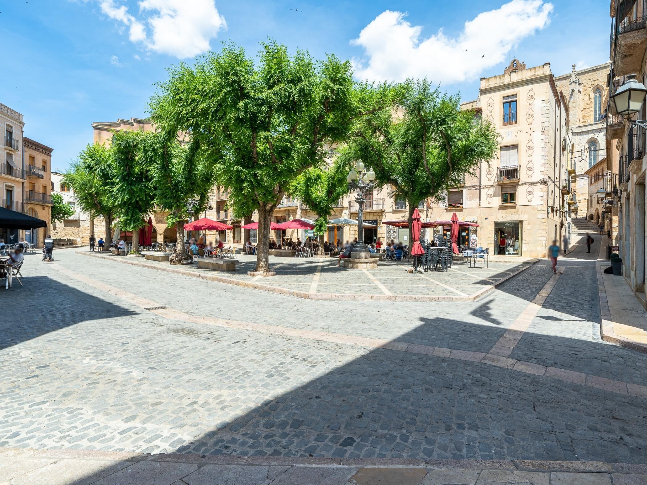 A cobblestone square with outdoor seating, trees, and historic buildings.
