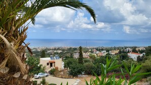 Eine Küstenstadtlandschaft mit Blick auf das Meer, umgeben von Grünflächen und Wohnhäusern.