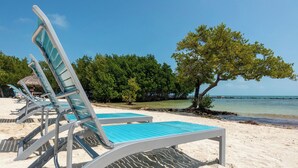 A beach with lounge chairs and a tree.