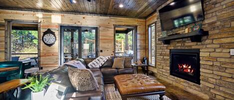 TV, fireplace, DVD player, foosball