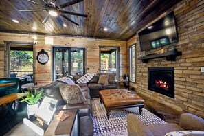 TV, fireplace, DVD player, foosball