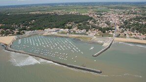 An aerial view of a coastal town with a marina, sandy beach, and surrounding greenery. - LocaJard House "Les Conches" between sea and forest, 100 m², 3 bedrooms (Jard-sur-Mer)