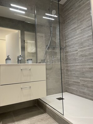 Chuveiro, secador de cabelo, toalhas de banho, sabonete