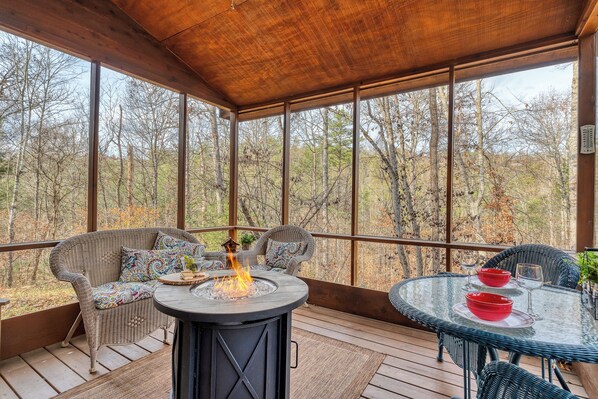 Outdoor dining - CEDAR KNOB - 2 bdrm/2 bath, screened patio, wood fireplace (Townsend)