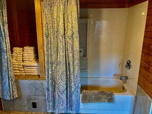 Combined shower/bathtub, hair dryer, towels