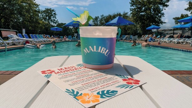 A poolside setting with a drink cup labeled "MALIBU" and a menu detailing Hawaiian-inspired dishes.
