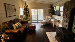 A cozy living room with a leather sofa, a Christmas tree, a stone fireplace, and a television. - Watauga River Cottage in Johnson City, TN! (Johnson City)