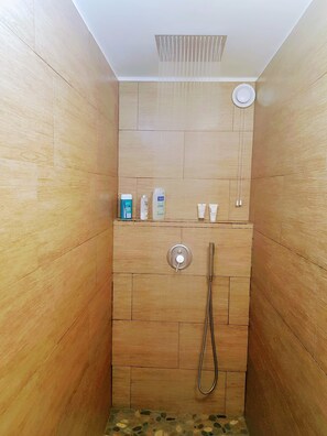 Een douche, een haardroger, handdoeken, zeep