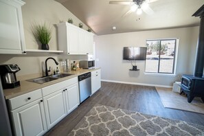 Fridge, dishwasher, coffee/tea maker, toaster