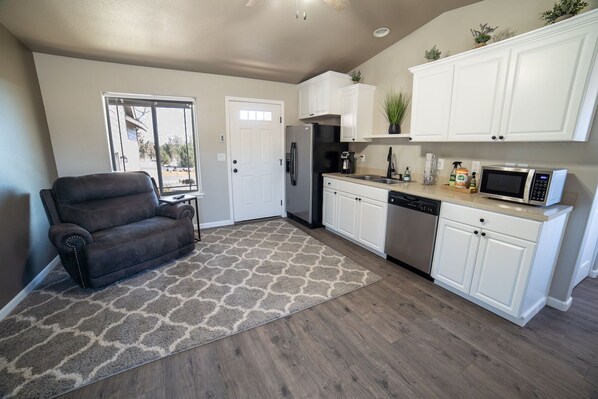 Fridge, dishwasher, coffee/tea maker, toaster