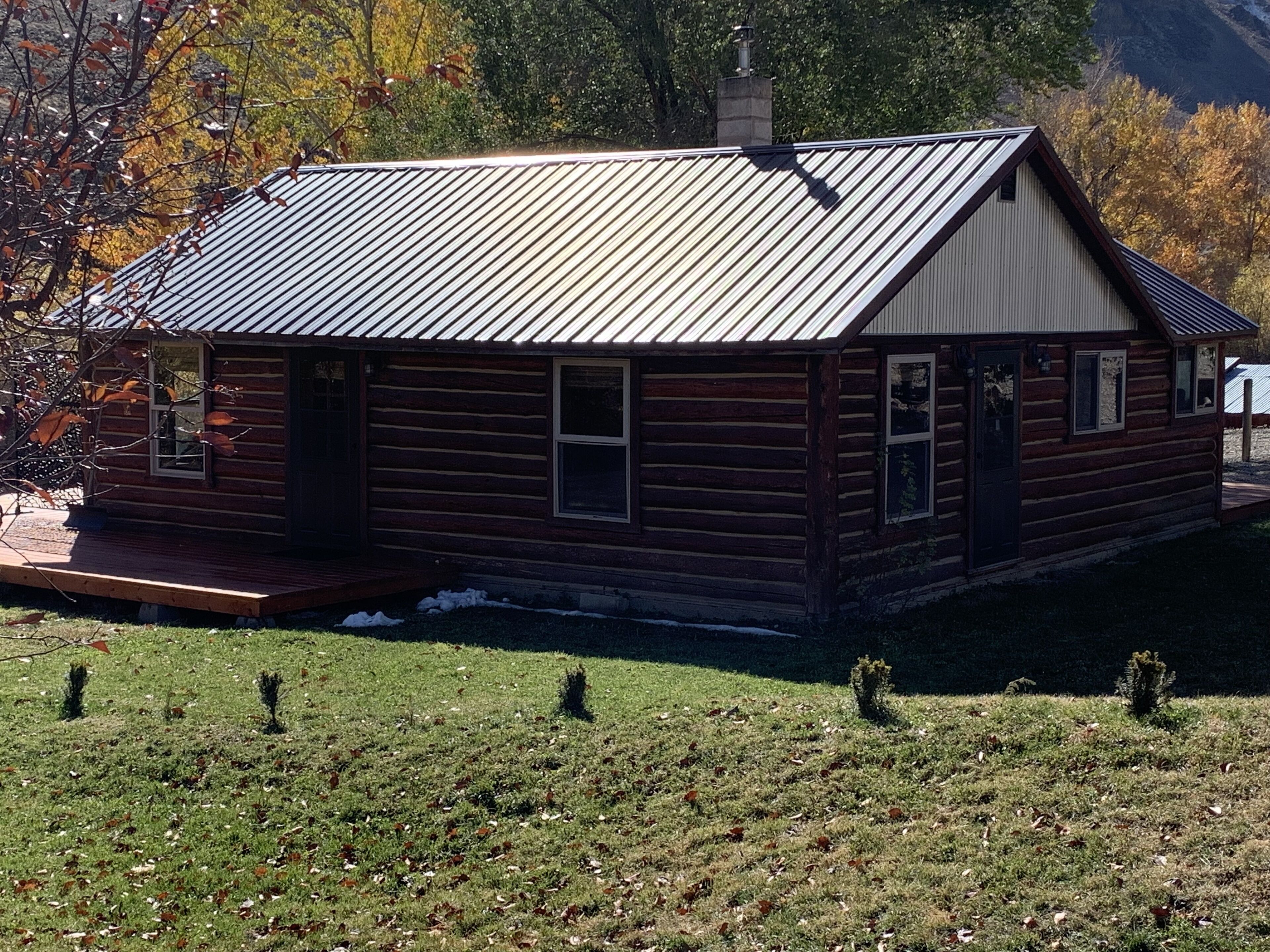A log cabin with a metal roof, a porch, and a small front yard with young trees.