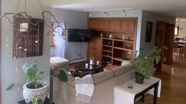 Uma sala de estar com sofá, televisão, armários de madeira e uma área de jantar.