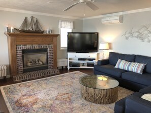 Smart TV, fireplace, DVD player, books