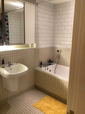 Combined shower/bathtub, eco-friendly toiletries, hair dryer, towels