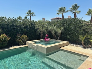 A swimming pool with a pink flamingo float, surrounded by lush greenery and palm trees. - Sun Drenched Tuscan home! 4 Bedrooms 4.5 Bathrooms, 2 Primary Suites, 2 Bedrooms (La Quinta)